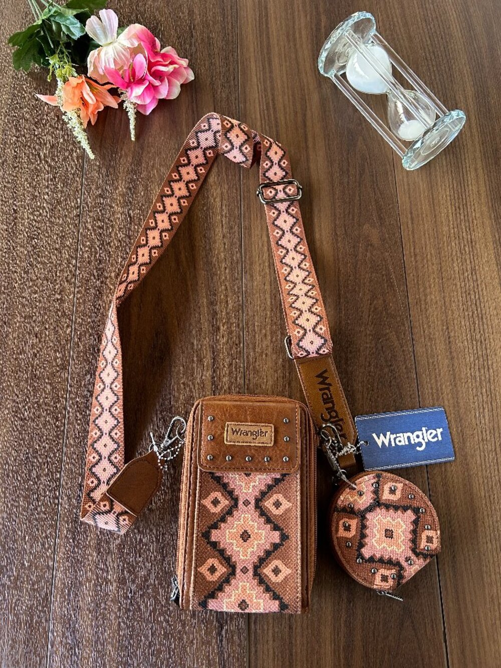 Wrangler Brown Pink Crossbody Cell Phone Purse Cellphone Wallet with Coin Pouch
